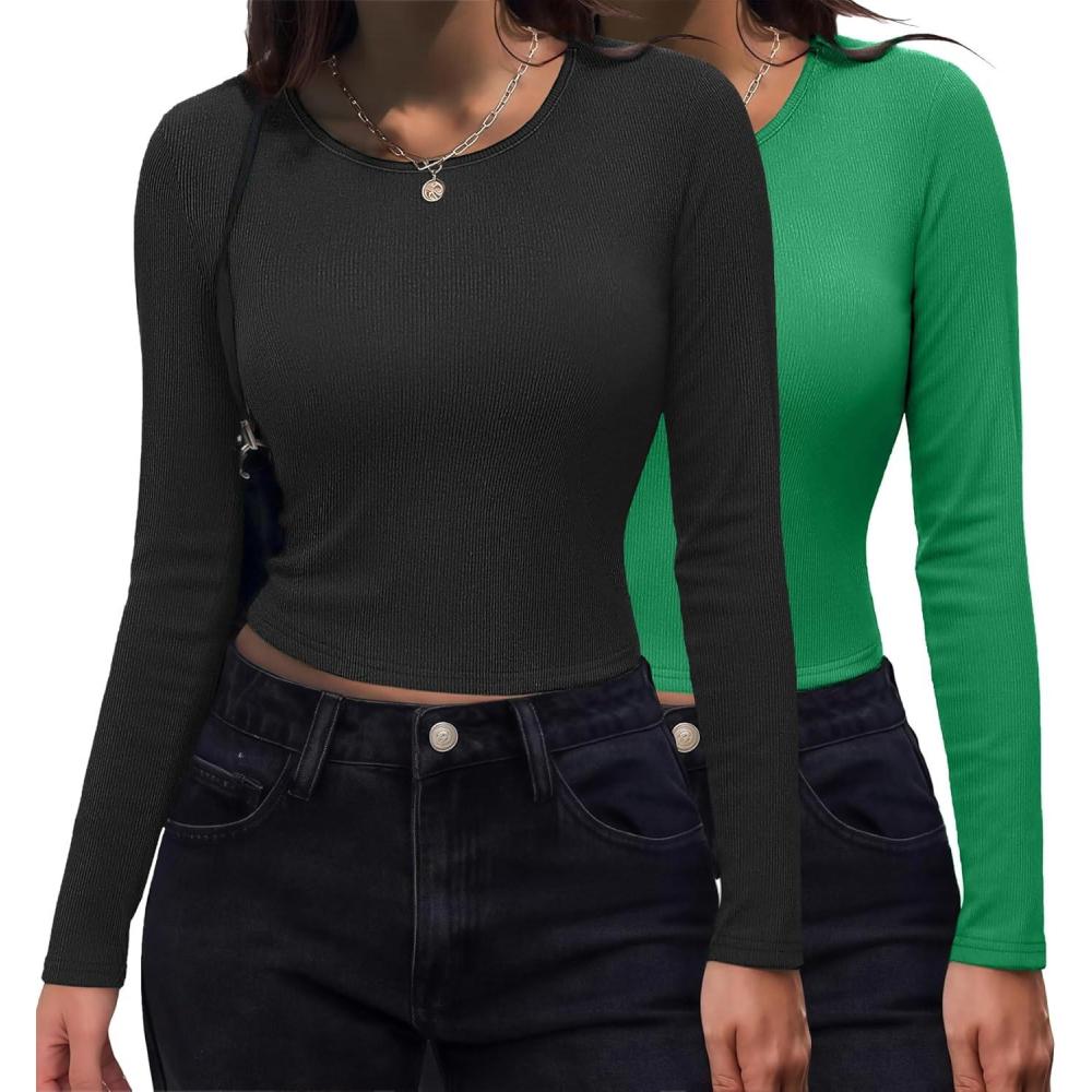 imageZeagoo Womens Ribbed Fitted Crop Tops Long Sleeve T Shirts Basic Scoop Neck Casual Slim Fitted Y2k Clothes 2026Black green