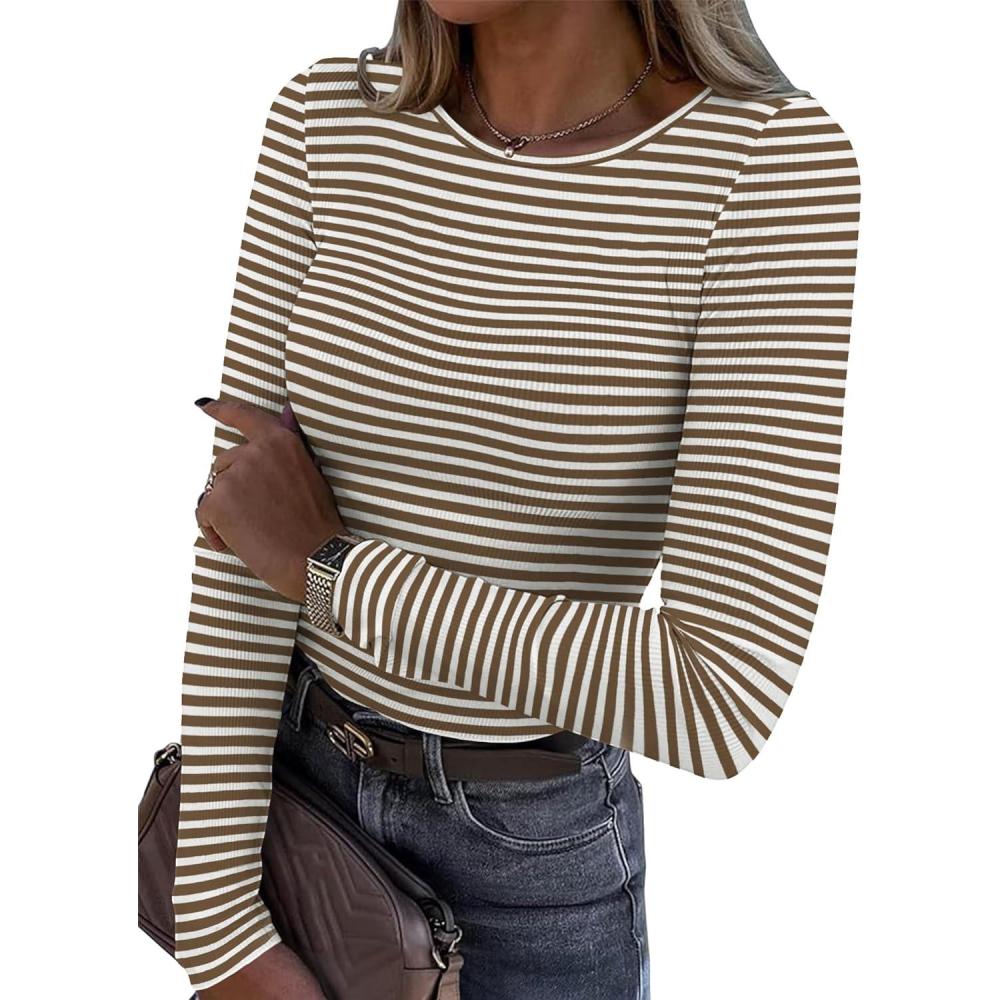 imageZeagoo Womens Ribbed Fitted Crop Tops Long Sleeve T Shirts Basic Scoop Neck Casual Slim Fitted Y2k Clothes 2026White Brown Stripe
