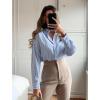 Zeagoo Womens Button Down Shirts Long Sleeve V Neck Tops Wrinkle Free Collared Work Office Solid Blouses Corset Tops(Wide Blue Stripe)