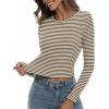 Zeagoo Womens Ribbed Fitted Crop Tops Long Sleeve T Shirts Basic Scoop Neck Casual Slim Fitted Y2k Clothes 2026(White Brown Stripe)