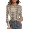 Zeagoo Womens Ribbed Fitted Crop Tops Long Sleeve T Shirts Basic Scoop Neck Casual Slim Fitted Y2k Clothes 2026(White Brown Stripe)
