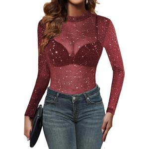 Zeagoo Mesh Top Women Long Sleeve Shirts See Through Party Layering Mock Neck 2024 Fall Sheer Undershirt(Red Shiny Stars)