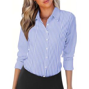 Zeagoo Womens Button Down Shirts Long Sleeve V Neck Tops Wrinkle Free Collared Work Office Solid Blouses Corset Tops(Wide Blue Stripe)