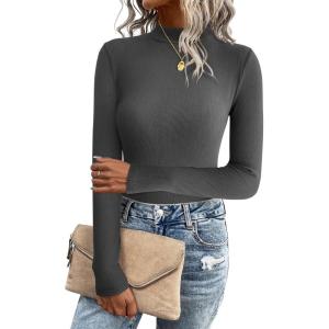 Zeagoo Women’s Long Sleeve Stretch Shirts Mock Neck Ribbed T-Shirt Fitted Casual Basic Tops 2024(Dark Grey)