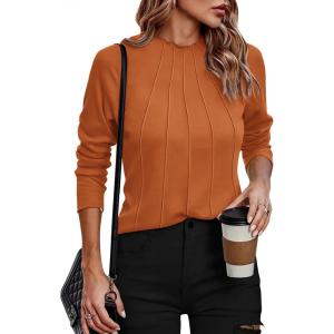 Zeagoo Womens Long Sleeve T Shirts Casual Mock Neck Tops Fall Pleated Blouses Basic Trendy Clothes 2024(Light Brown)