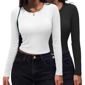 Zeagoo Womens Ribbed Fitted Crop Tops Long Sleeve T Shirts Basic Scoop Neck Casual Slim Fitted Y2k Clothes 2026(A-black white)