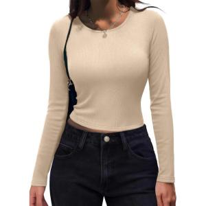 Zeagoo Womens Ribbed Fitted Crop Tops Long Sleeve T Shirts Basic Scoop Neck Casual Slim Fitted Y2k Clothes 2026(Beige)