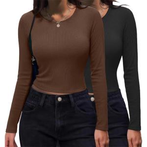 Zeagoo Womens Ribbed Fitted Crop Tops Long Sleeve T Shirts Basic Scoop Neck Casual Slim Fitted Y2k Clothes 2026(Black brown)