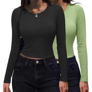 Zeagoo Womens Ribbed Fitted Crop Tops Long Sleeve T Shirts Basic Scoop Neck Casual Slim Fitted Y2k Clothes 2026(Black light Green)