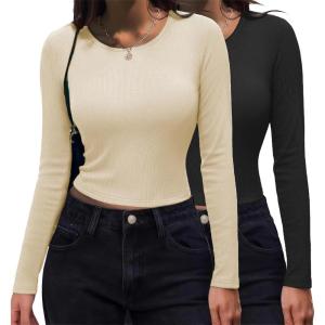Zeagoo Womens Ribbed Fitted Crop Tops Long Sleeve T Shirts Basic Scoop Neck Casual Slim Fitted Y2k Clothes 2026(Black off White)
