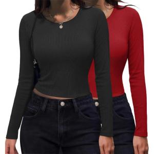 Zeagoo Womens Ribbed Fitted Crop Tops Long Sleeve T Shirts Basic Scoop Neck Casual Slim Fitted Y2k Clothes 2026(Black red)
