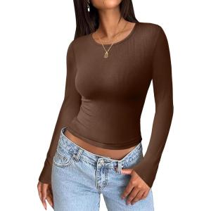 Zeagoo Womens Ribbed Fitted Crop Tops Long Sleeve T Shirts Basic Scoop Neck Casual Slim Fitted Y2k Clothes 2026(Brown)