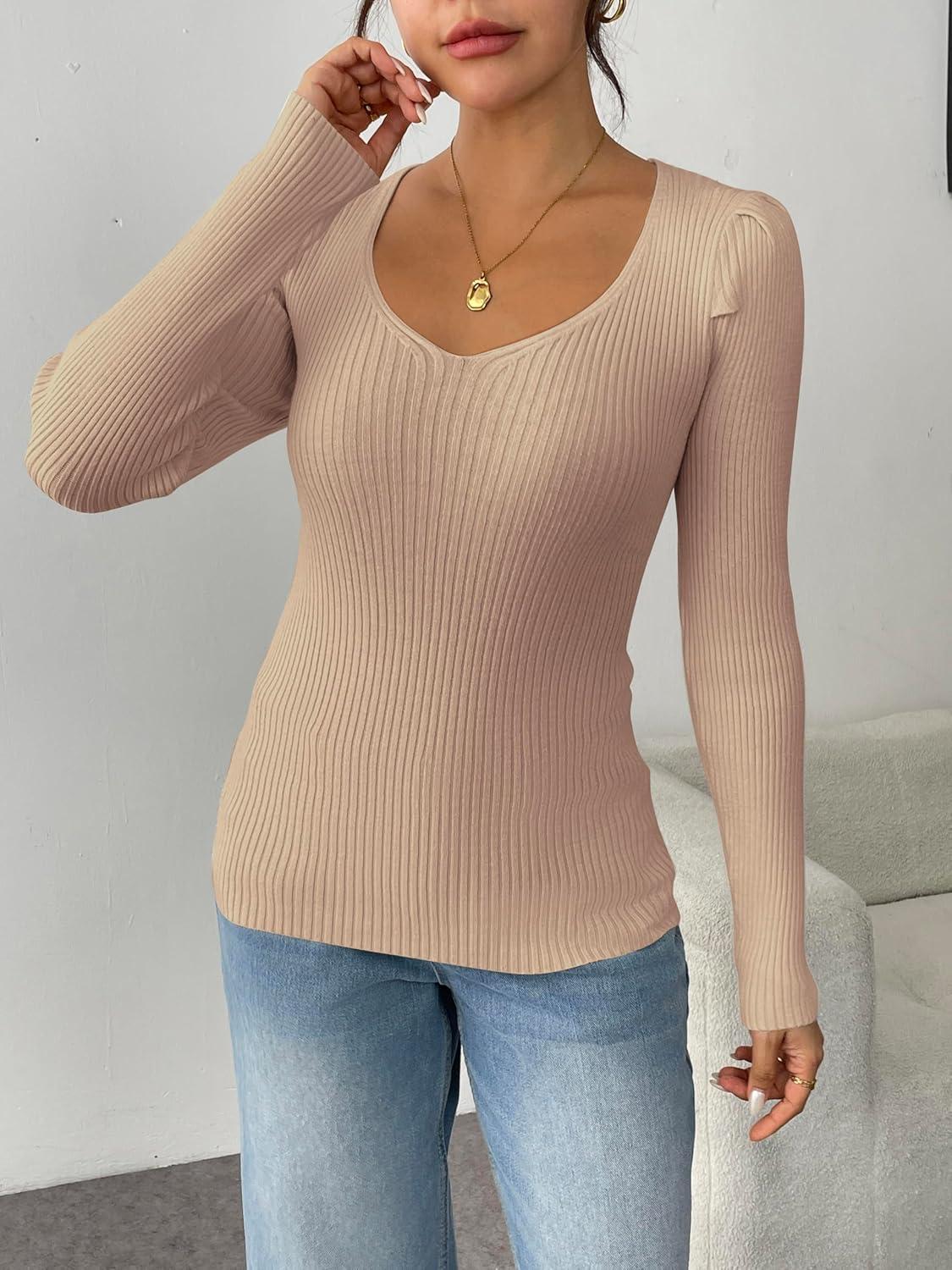 imageZeagoo Fall Sweaters for Women 2024 Casual Long Sleeve Shirts V Neck Pullover Puff Slim Fit TopsKhaki