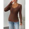 Zeagoo Fall Sweaters for Women 2024 Casual Long Sleeve Shirts V Neck Pullover Puff Slim Fit Tops(Brown Stripes)