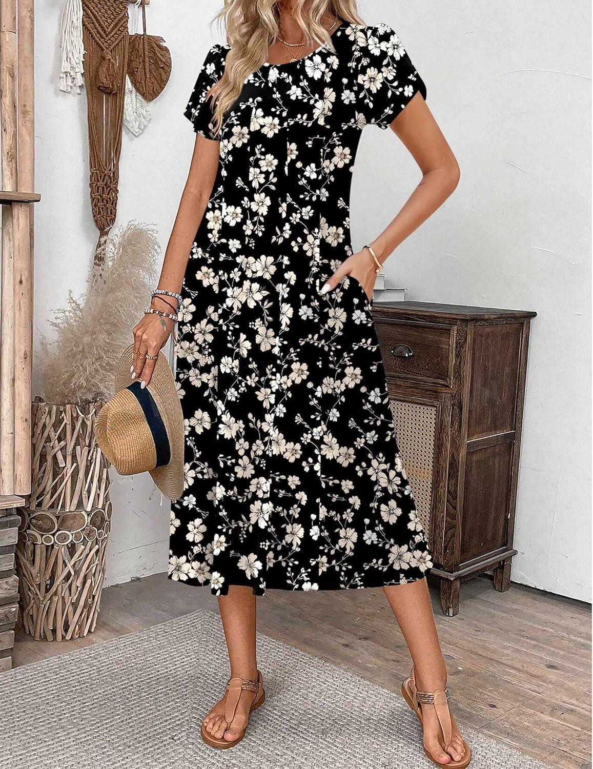 imageZEAGOO Womens Casual Dresses for Summer Short Sleeve Flare Midi Dress Loose Flowy Beach Sundress2602 Black Flower