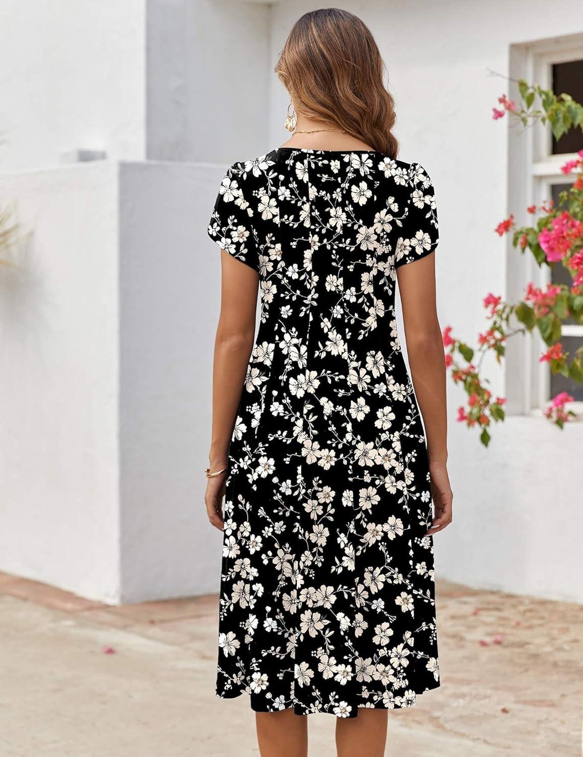 imageZEAGOO Womens Casual Dresses for Summer Short Sleeve Flare Midi Dress Loose Flowy Beach Sundress2602 Black Flower