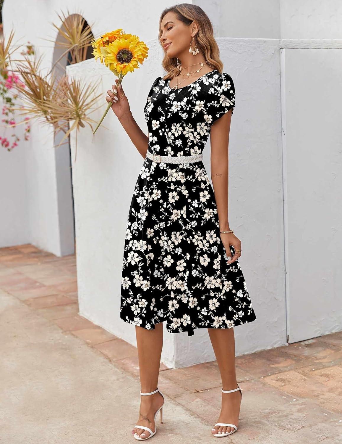 imageZEAGOO Womens Casual Dresses for Summer Short Sleeve Flare Midi Dress Loose Flowy Beach Sundress2602 Black Flower