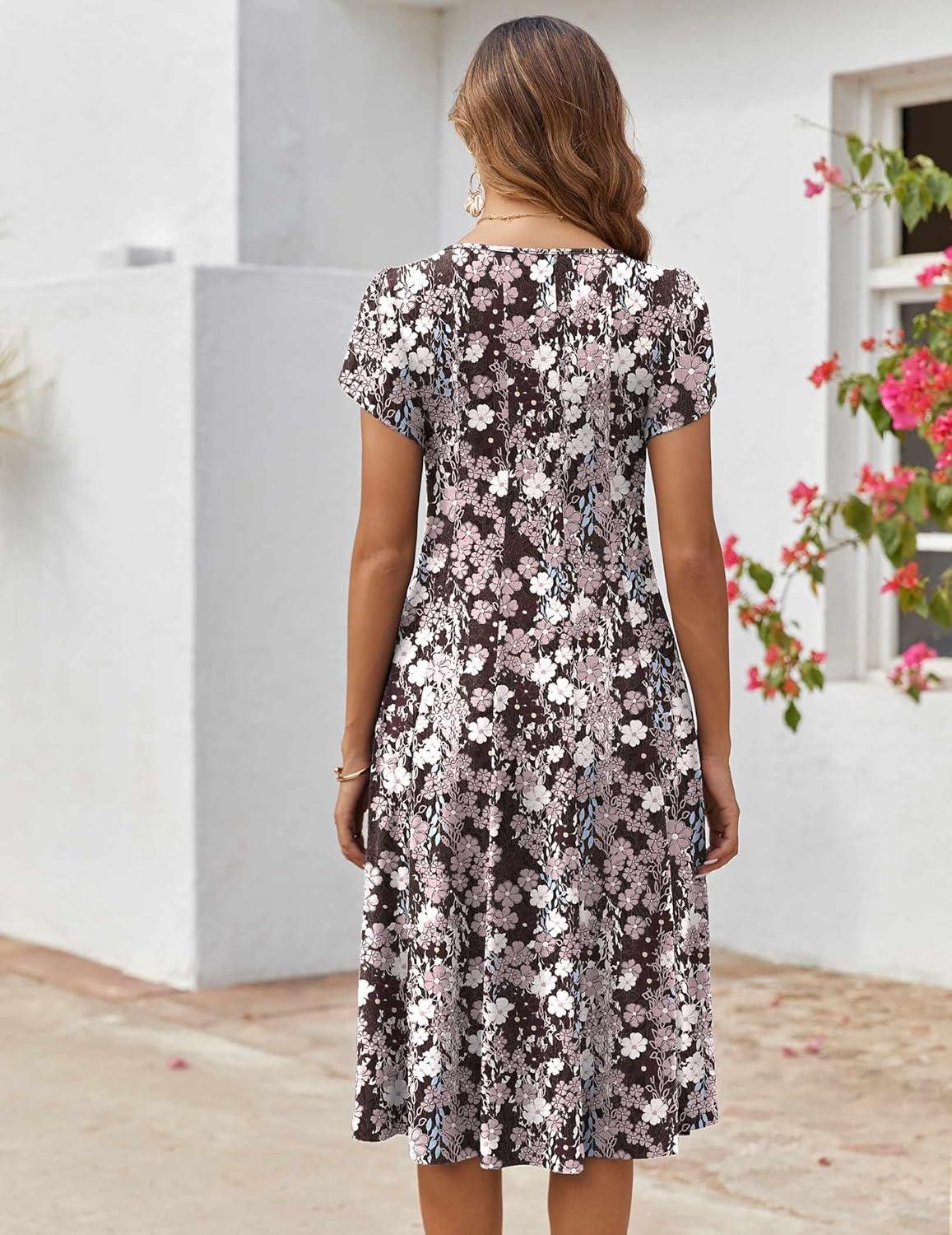 imageZEAGOO Womens Casual Dresses for Summer Short Sleeve Flare Midi Dress Loose Flowy Beach Sundress2602 Brown Flower