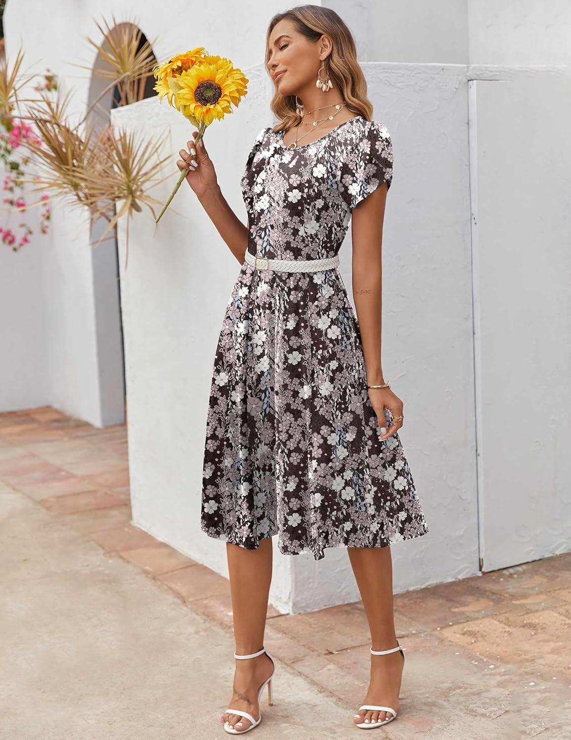 imageZEAGOO Womens Casual Dresses for Summer Short Sleeve Flare Midi Dress Loose Flowy Beach Sundress2602 Brown Flower