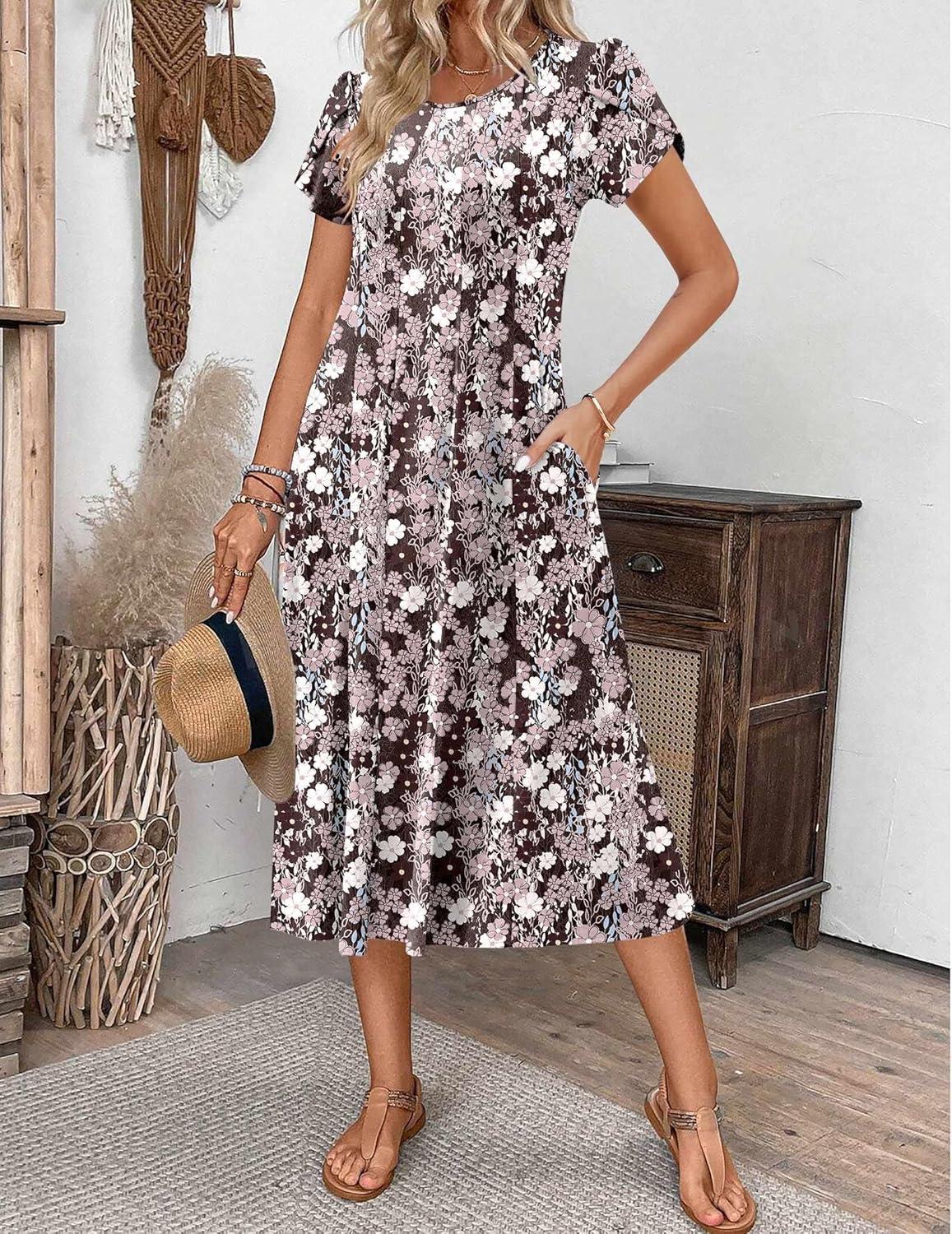 imageZEAGOO Womens Casual Dresses for Summer Short Sleeve Flare Midi Dress Loose Flowy Beach Sundress2602 Brown Flower