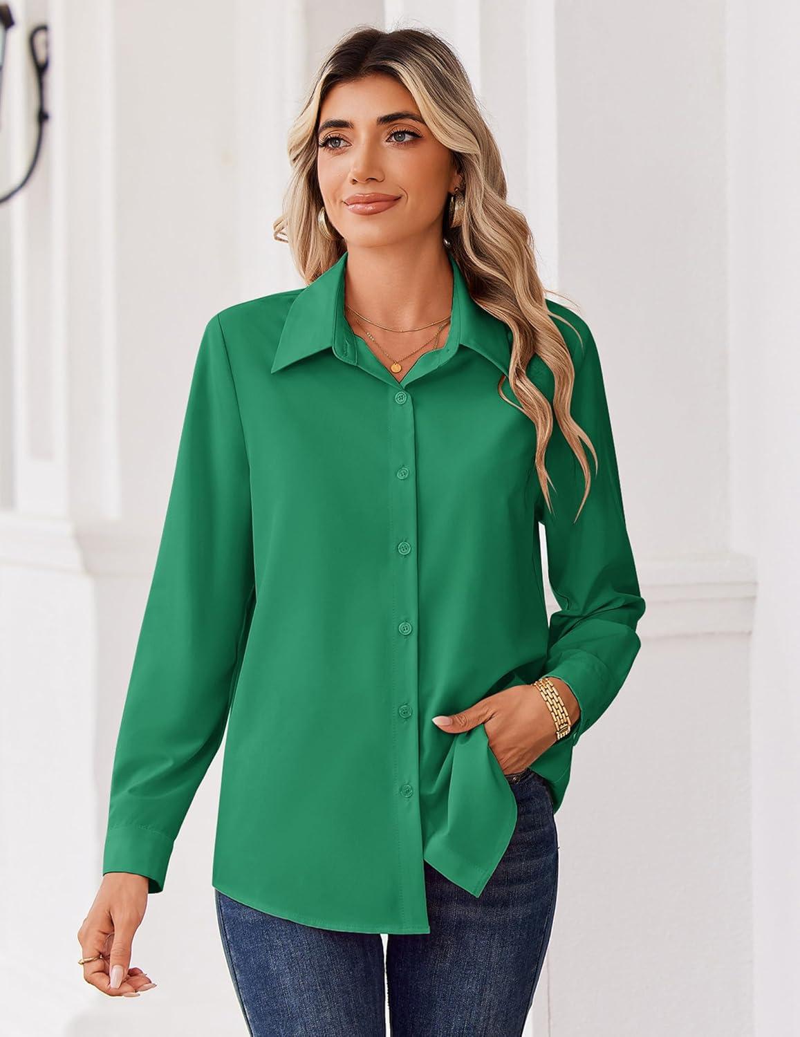 imageZeagoo Blouse for Women Dressy Long Sleeve Button Down Shirts Business Casual Outfit Lightweight SolidPrinted TopsZ Evergreen