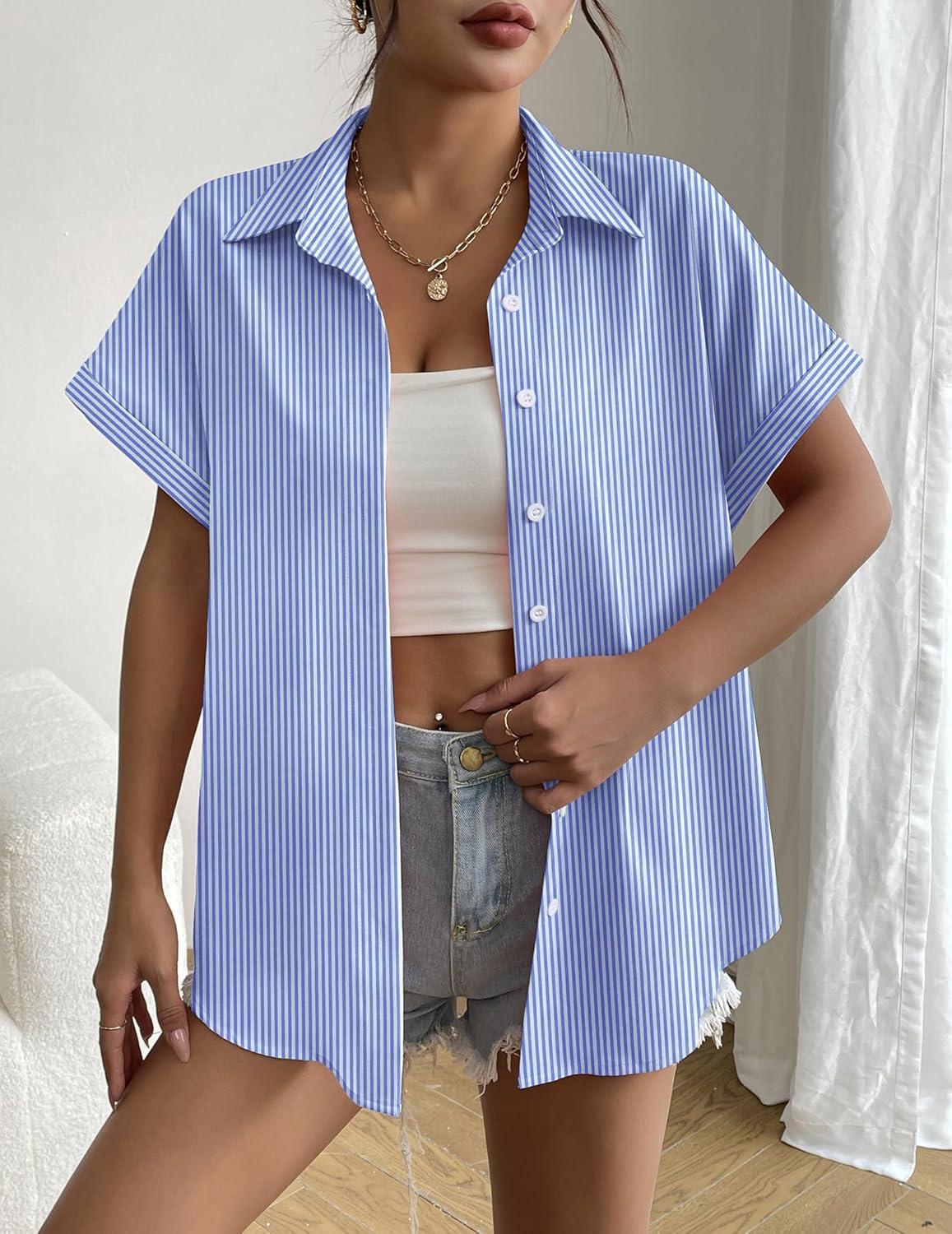 imageZeagoo Blue and White Striped Shirts for Women Short Sleeve V Neck Collared Blouses 2026 Summer Tops