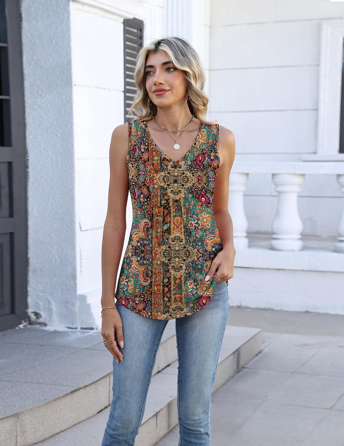 imageZeagoo Boho Tank Tops for Women Pleated V Neck Tunic Summer Shirts Loose Casual Dressy Button Sleeveless Flowy Clothes