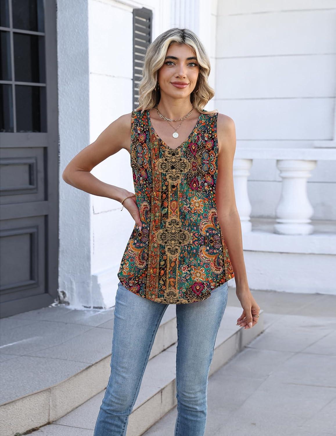imageZeagoo Boho Tank Tops for Women Pleated V Neck Tunic Summer Shirts Loose Casual Dressy Button Sleeveless Flowy Clothes