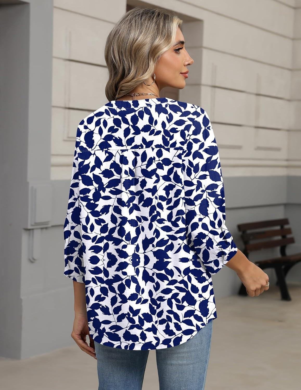 imageZeagoo Button Down Shirts for Women 34 Sleeve Linen Cotton V Neck Tops Dressy Casual Loose Work BlousesNany Leafzw522