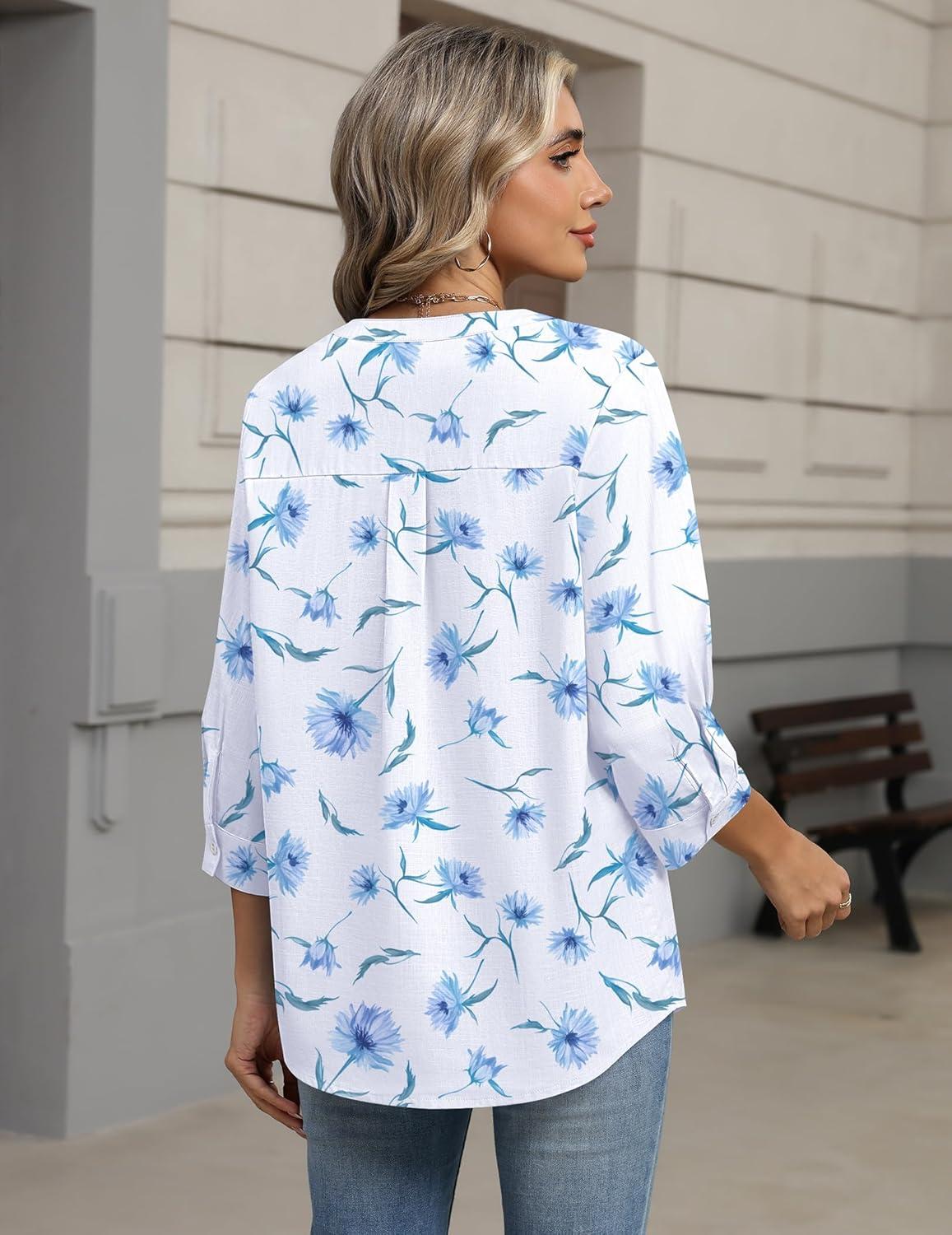 imageZeagoo Button Down Shirts for Women 34 Sleeve Linen Cotton V Neck Tops Dressy Casual Loose Work BlousesWhite Flowersbf361