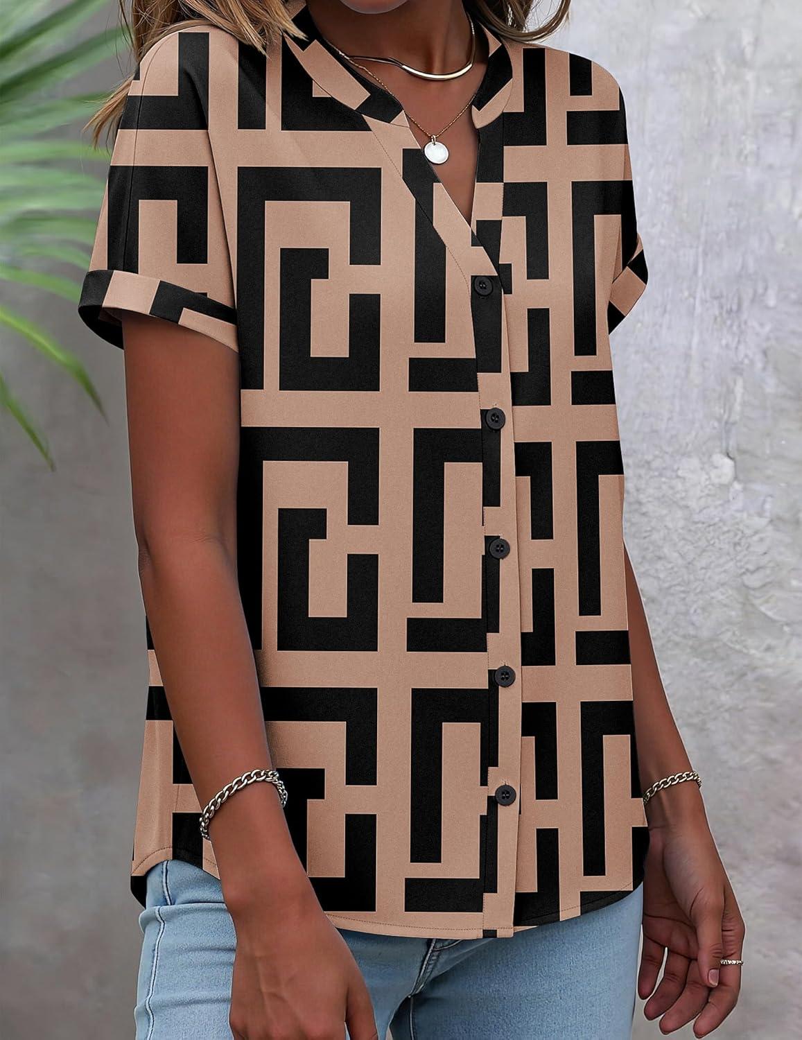 imageZeagoo Button Down Shirts for Women Short Sleeve Tops V Neck Collar Blouses Business Casual Outfits S2XLJh308
