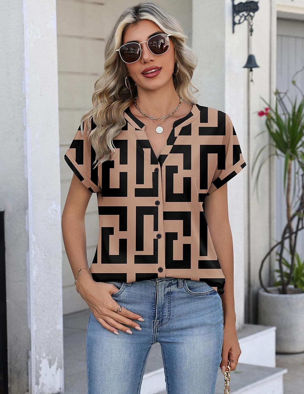 imageZeagoo Button Down Shirts for Women Short Sleeve Tops V Neck Collar Blouses Business Casual Outfits S2XLJh308