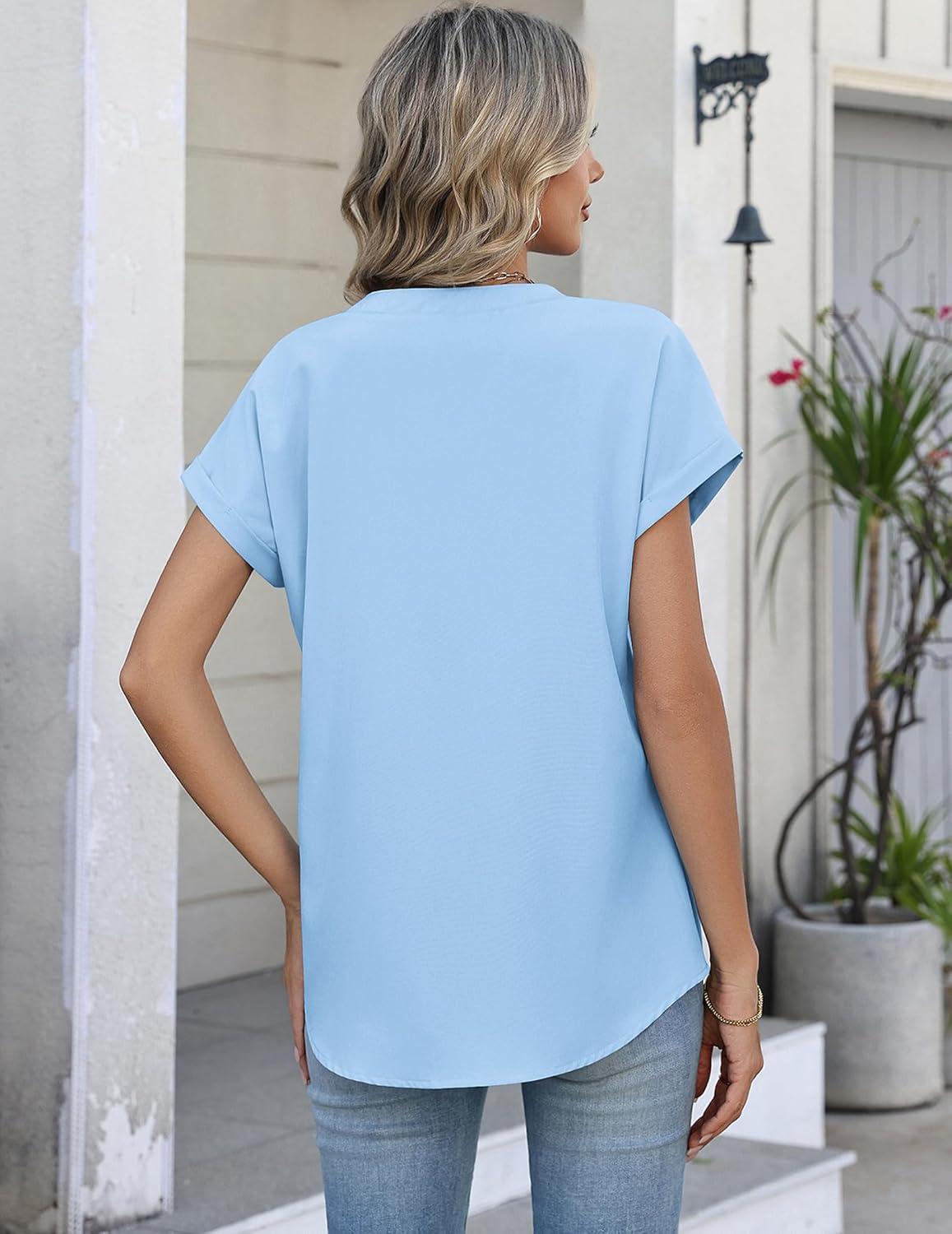 imageZeagoo Button Down Shirts for Women Short Sleeve Tops V Neck Collar Blouses Business Casual Outfits S2XLLight Blue