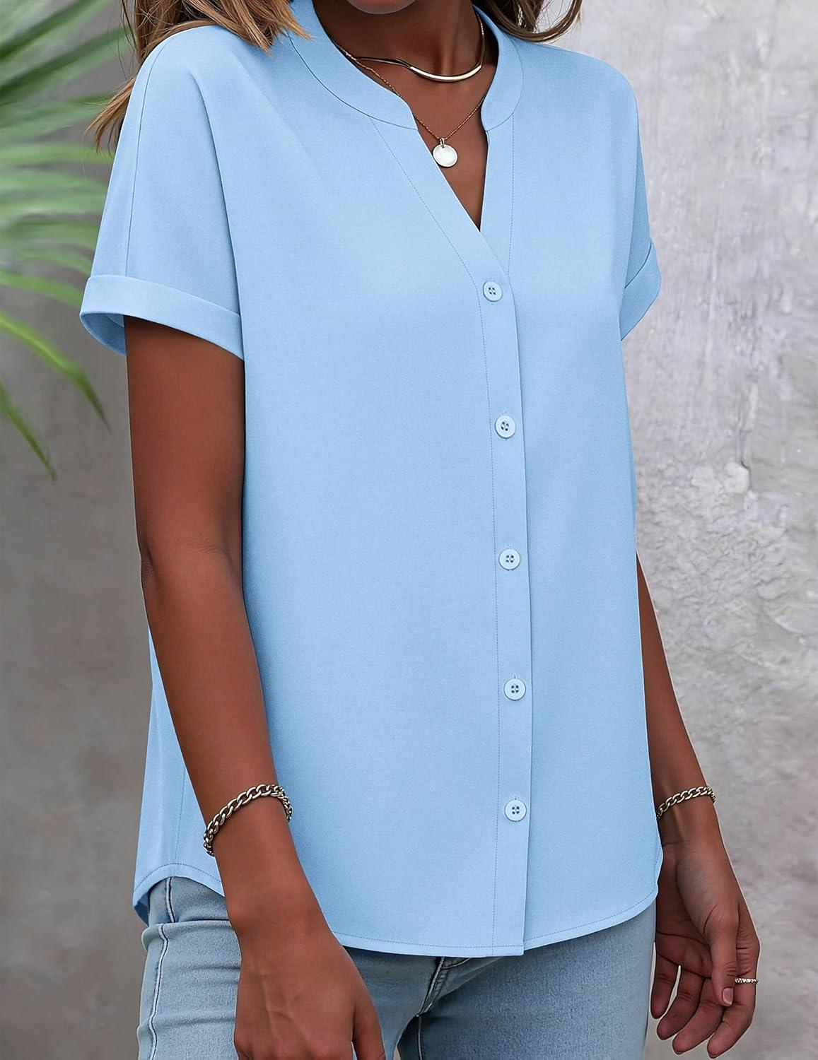 imageZeagoo Button Down Shirts for Women Short Sleeve Tops V Neck Collar Blouses Business Casual Outfits S2XLLight Blue