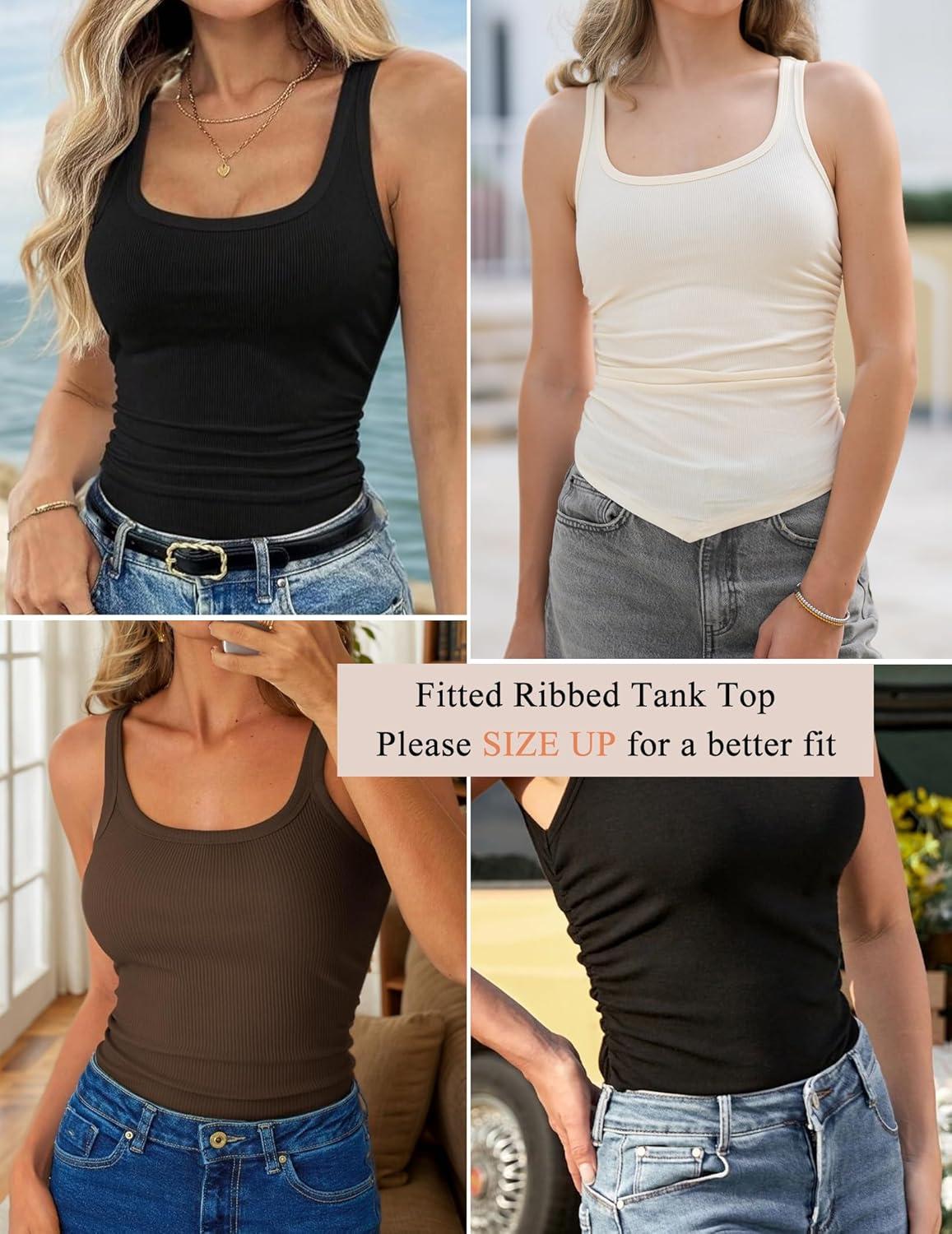imageZeagoo Ribbed Tank Tops for Women 3 Pack Sleeveless Scoop Neck Ruched Cute Summer ShirtsBlack Coffee Beige