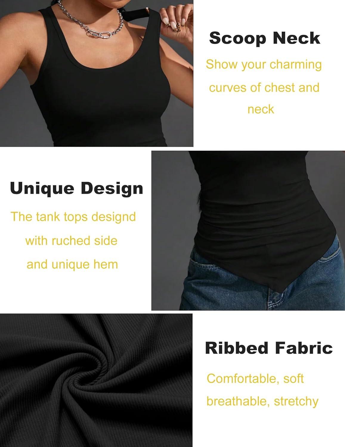 imageZeagoo Ribbed Tank Tops for Women 3 Pack Sleeveless Scoop Neck Ruched Cute Summer ShirtsBlack Grey Beige
