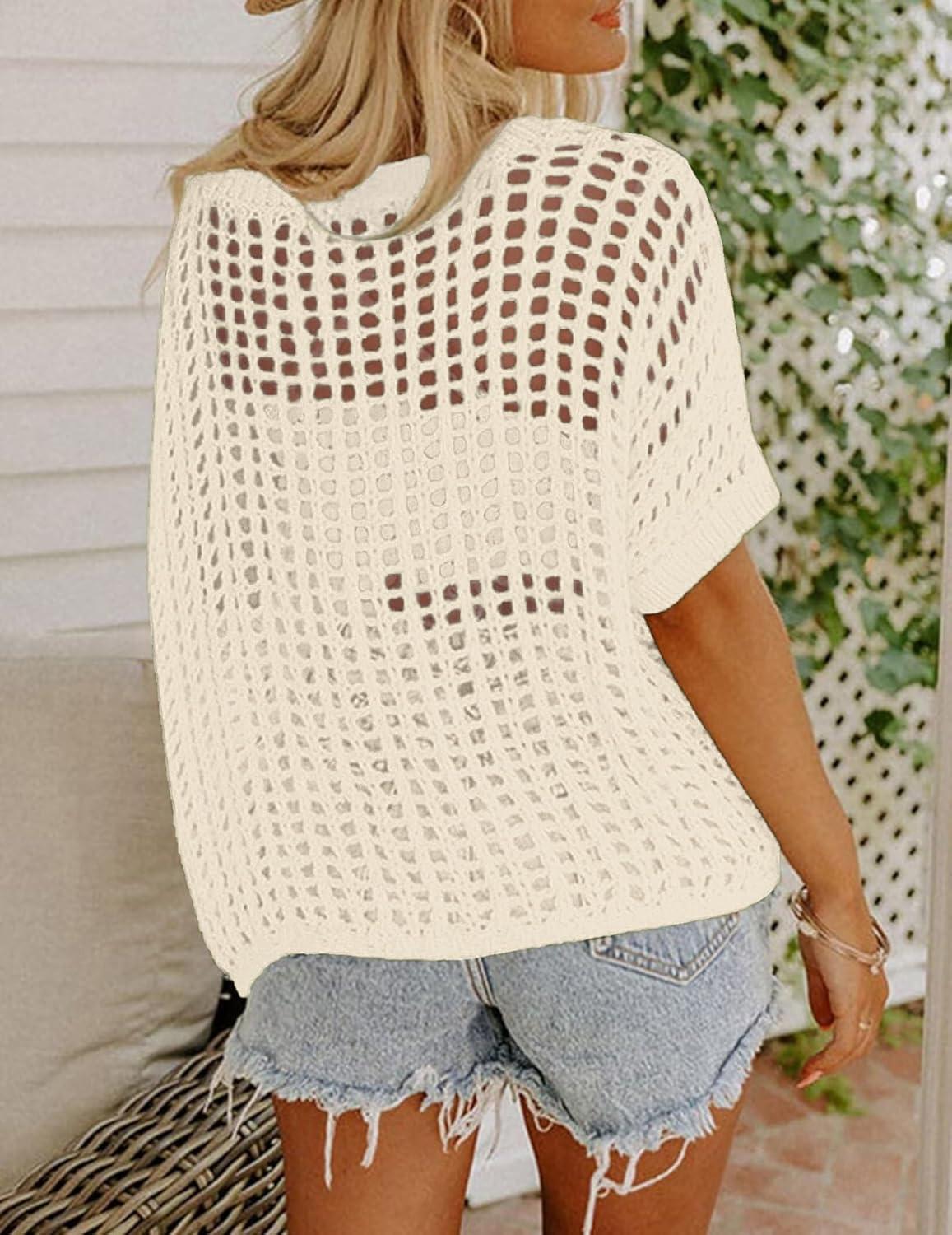 imageZeagoo Short Sleeve Crochet Sweater Lightweight Summer Tops Loose Hollow Out Crewneck PulloverBeige