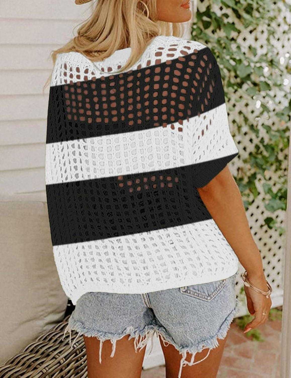 imageZeagoo Short Sleeve Crochet Sweater Lightweight Summer Tops Loose Hollow Out Crewneck PulloverBlack White Stripes