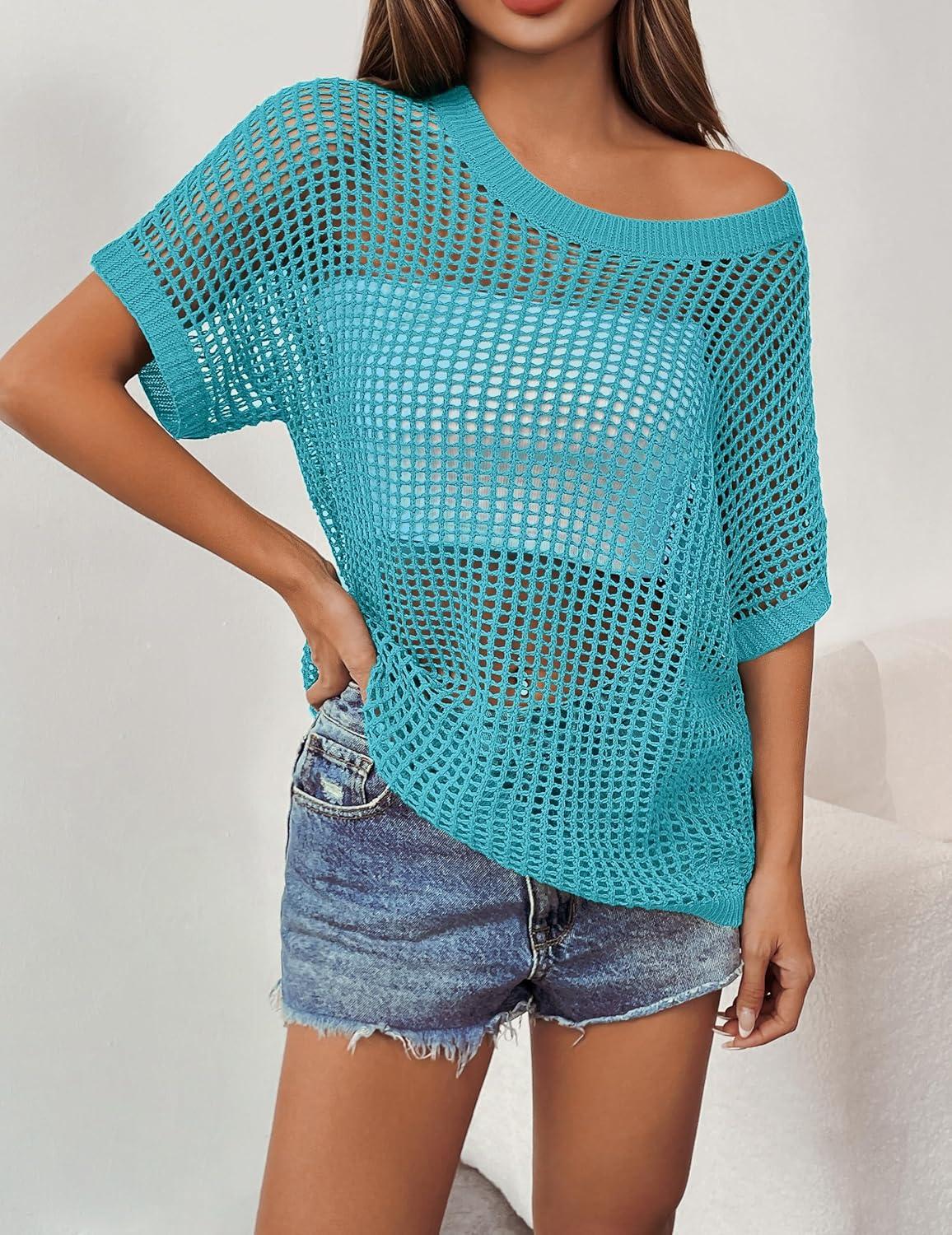 imageZeagoo Short Sleeve Crochet Sweater Lightweight Summer Tops Loose Hollow Out Crewneck PulloverPeacock Blue