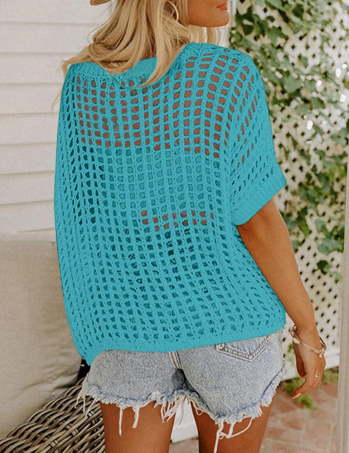imageZeagoo Short Sleeve Crochet Sweater Lightweight Summer Tops Loose Hollow Out Crewneck PulloverPeacock Blue