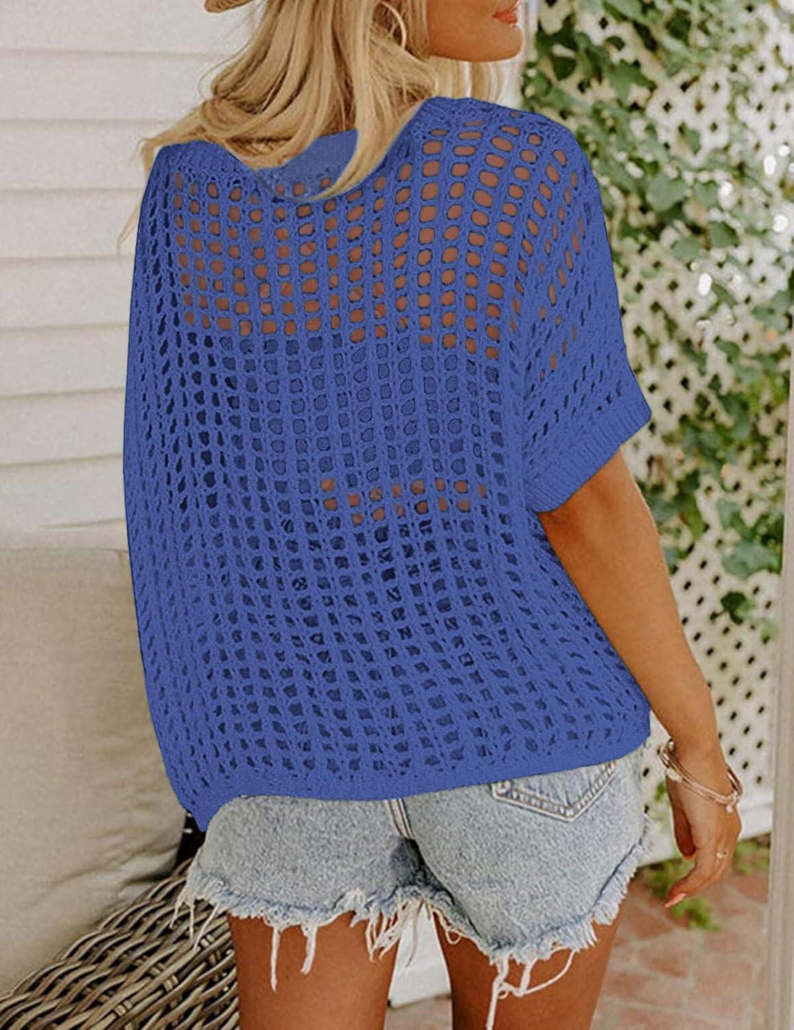 imageZeagoo Short Sleeve Crochet Sweater Lightweight Summer Tops Loose Hollow Out Crewneck PulloverSky Blue