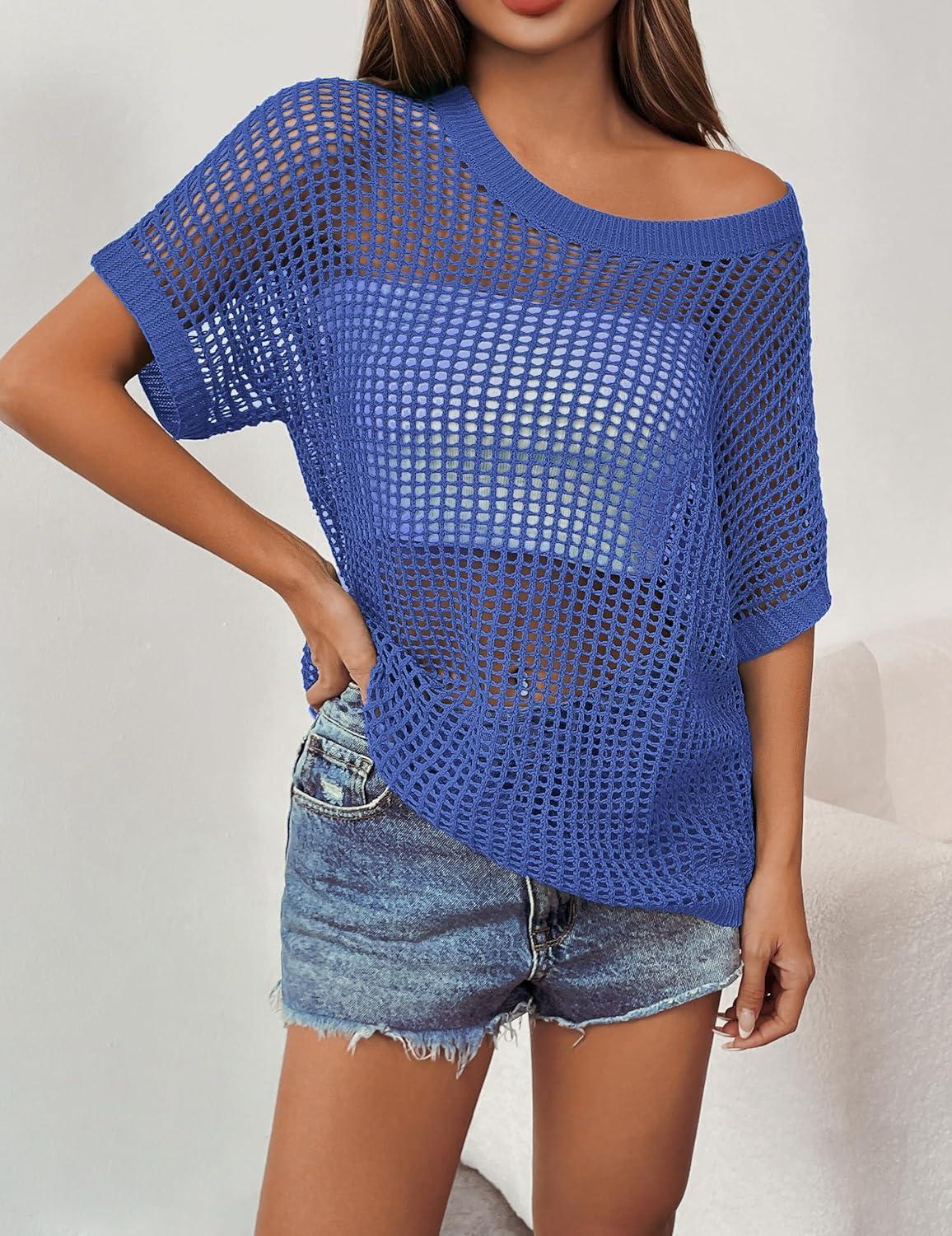 imageZeagoo Short Sleeve Crochet Sweater Lightweight Summer Tops Loose Hollow Out Crewneck PulloverSky Blue