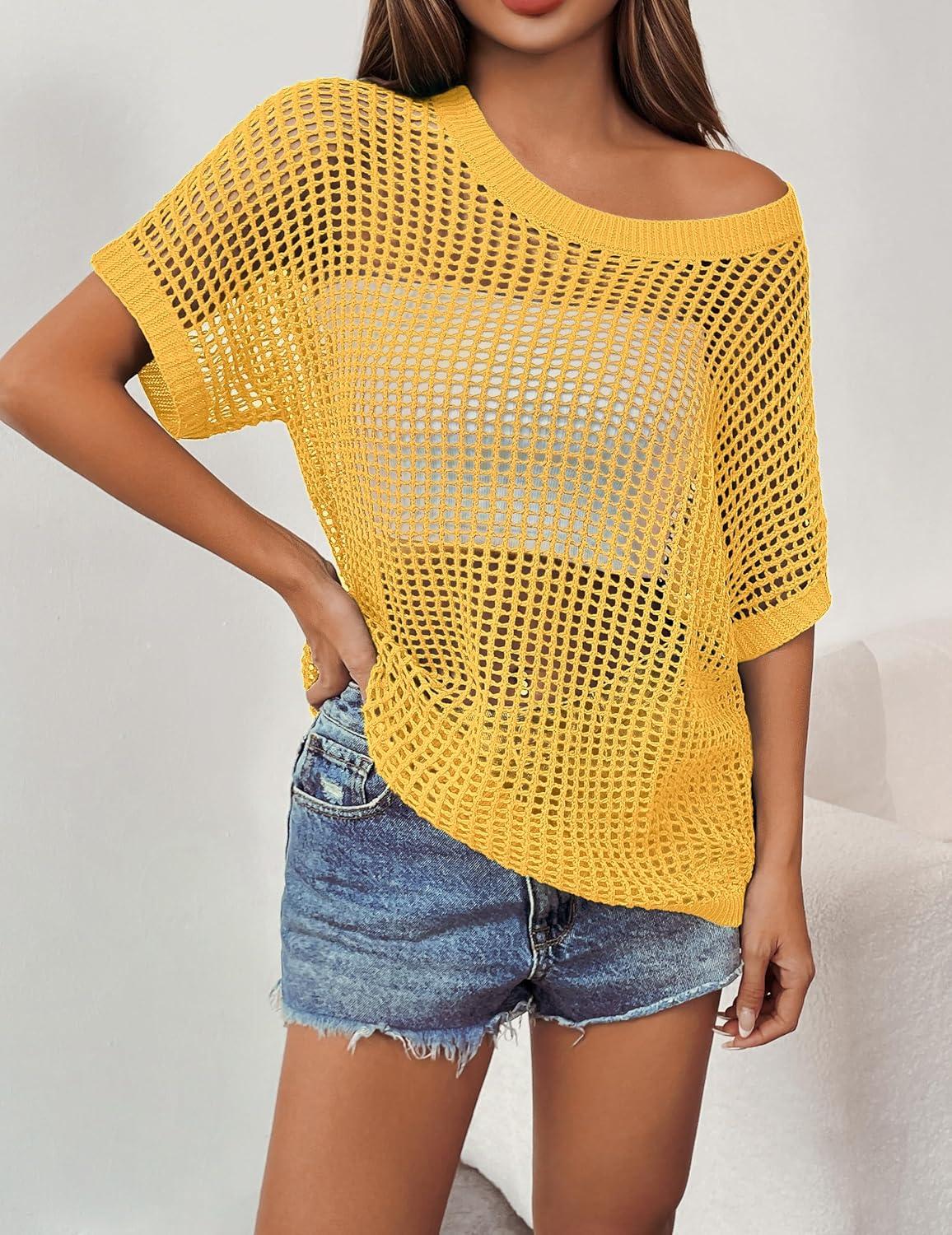imageZeagoo Short Sleeve Crochet Sweater Lightweight Summer Tops Loose Hollow Out Crewneck PulloverYellow