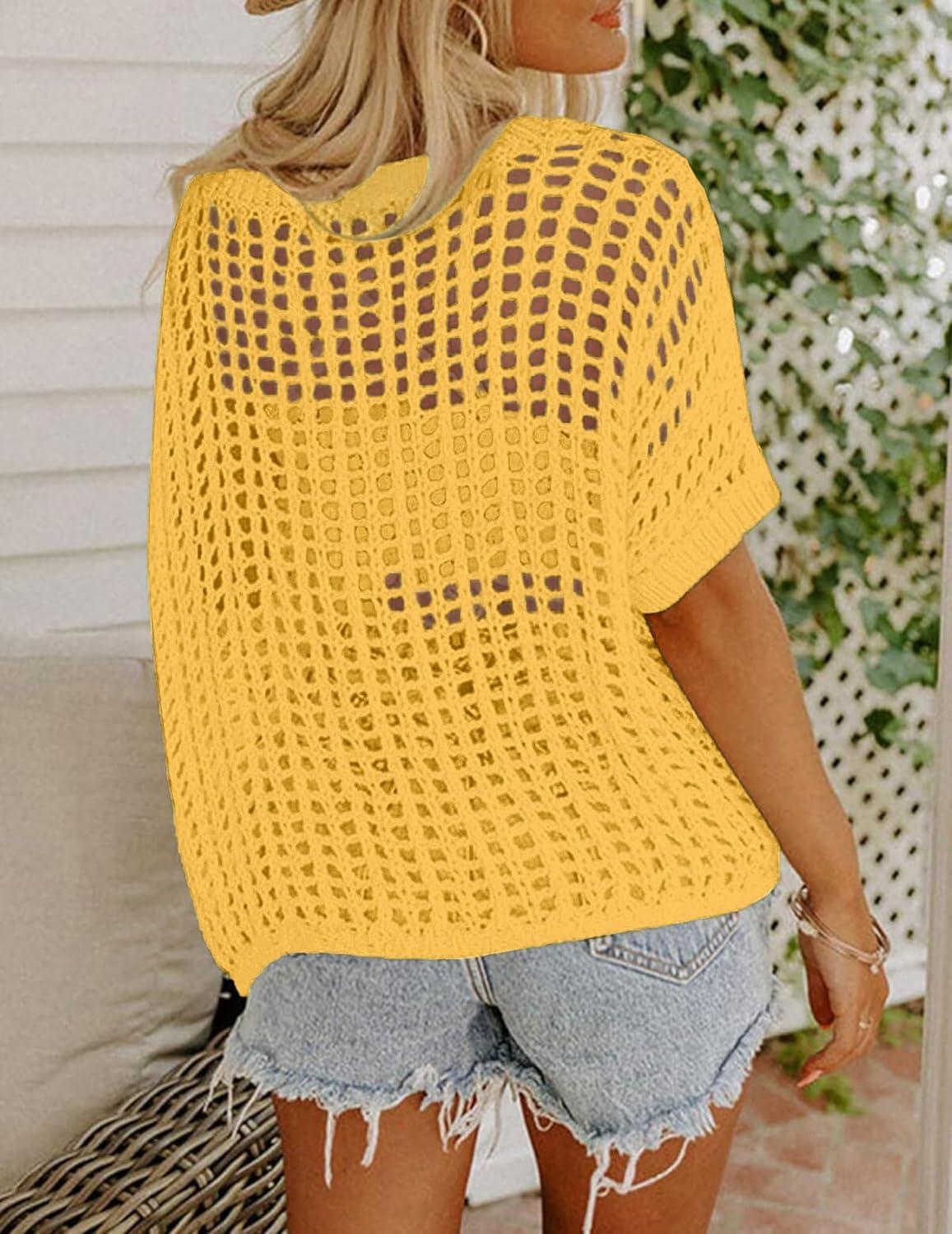 imageZeagoo Short Sleeve Crochet Sweater Lightweight Summer Tops Loose Hollow Out Crewneck PulloverYellow