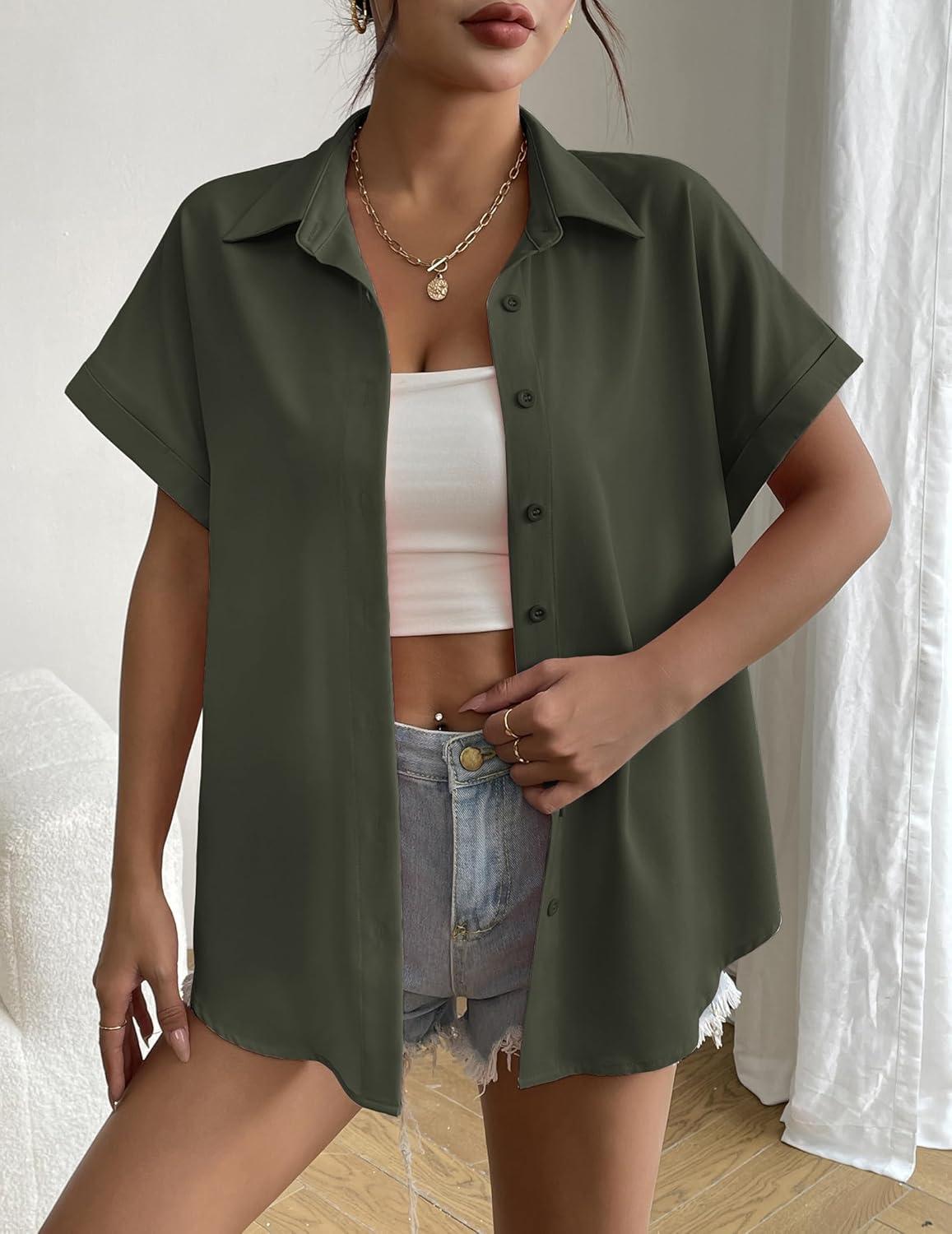 imageZeagoo Short Sleeve Summer Tops for Women Casual Button Down Shirts SolidStriped Business Work BlousesArmy Green