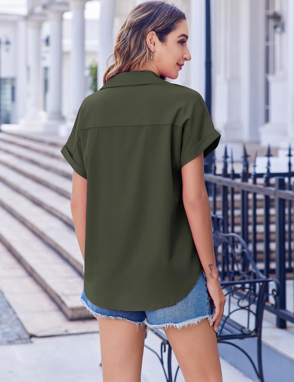 imageZeagoo Short Sleeve Summer Tops for Women Casual Button Down Shirts SolidStriped Business Work BlousesArmy Green