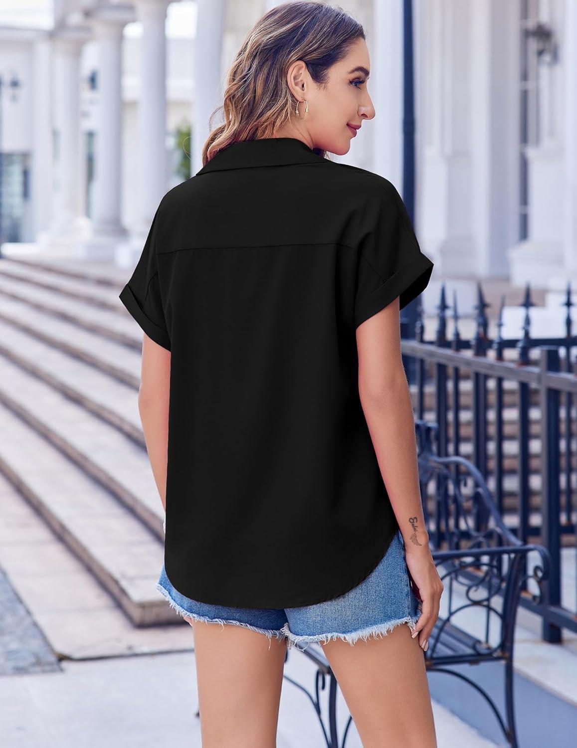 imageZeagoo Short Sleeve Summer Tops for Women Casual Button Down Shirts SolidStriped Business Work BlousesBlack