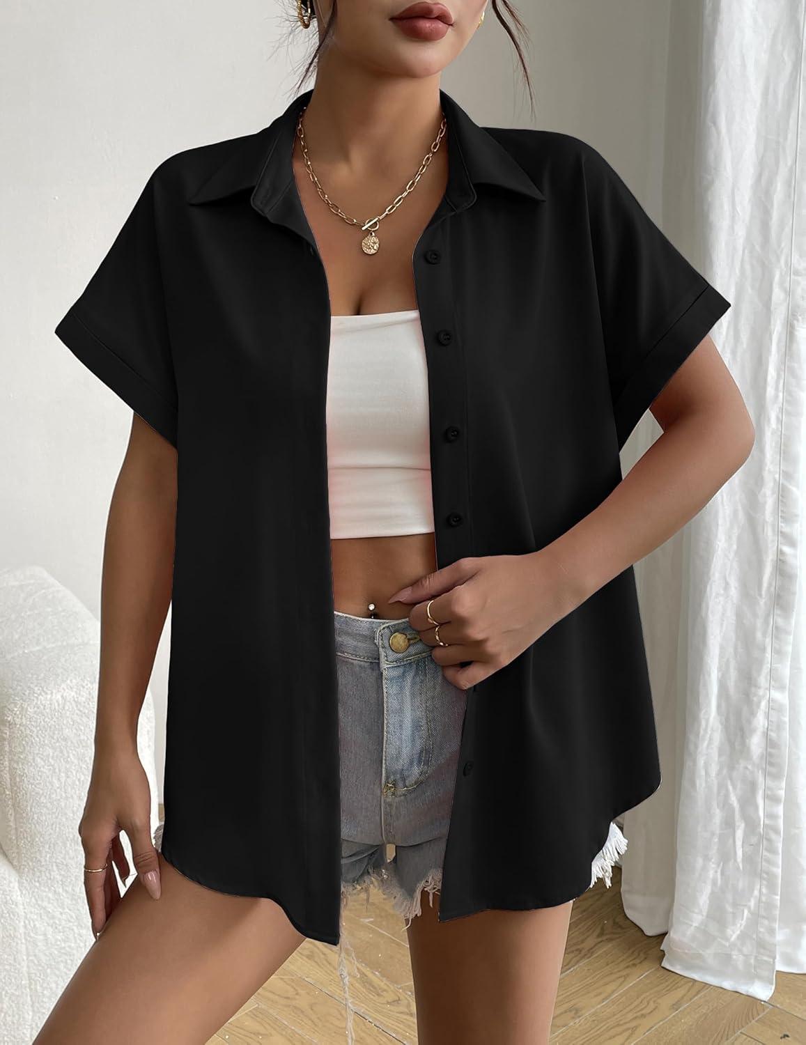 imageZeagoo Short Sleeve Summer Tops for Women Casual Button Down Shirts SolidStriped Business Work BlousesBlack