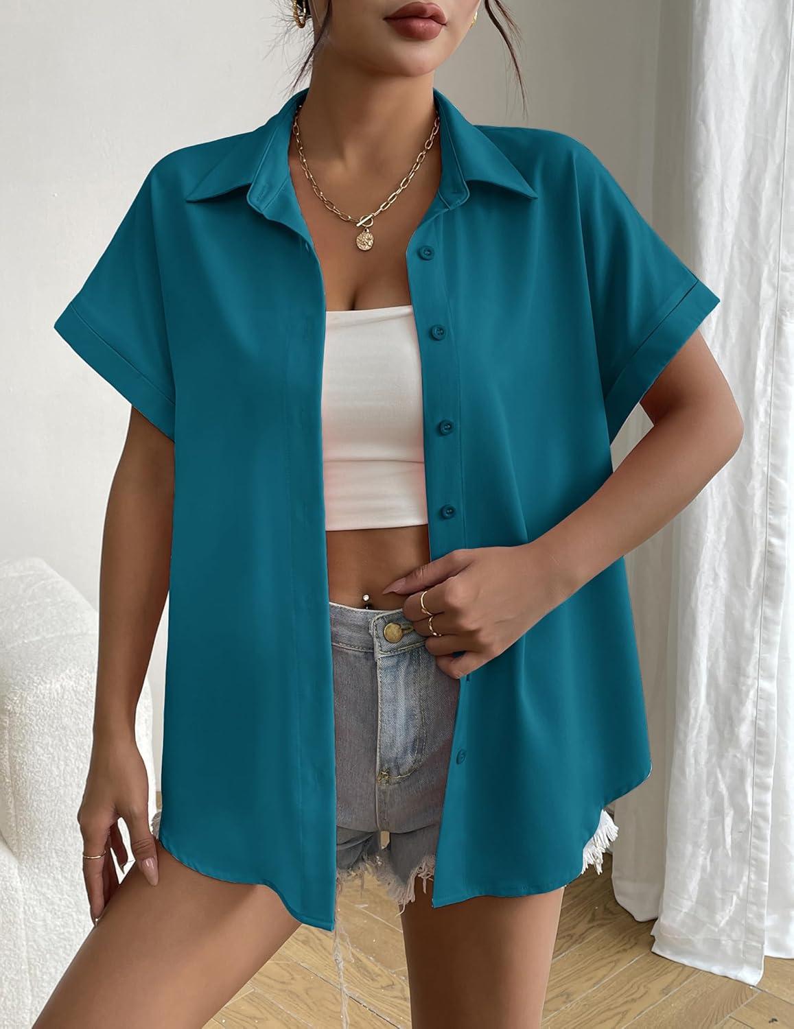 imageZeagoo Short Sleeve Summer Tops for Women Casual Button Down Shirts SolidStriped Business Work BlousesBlue Green
