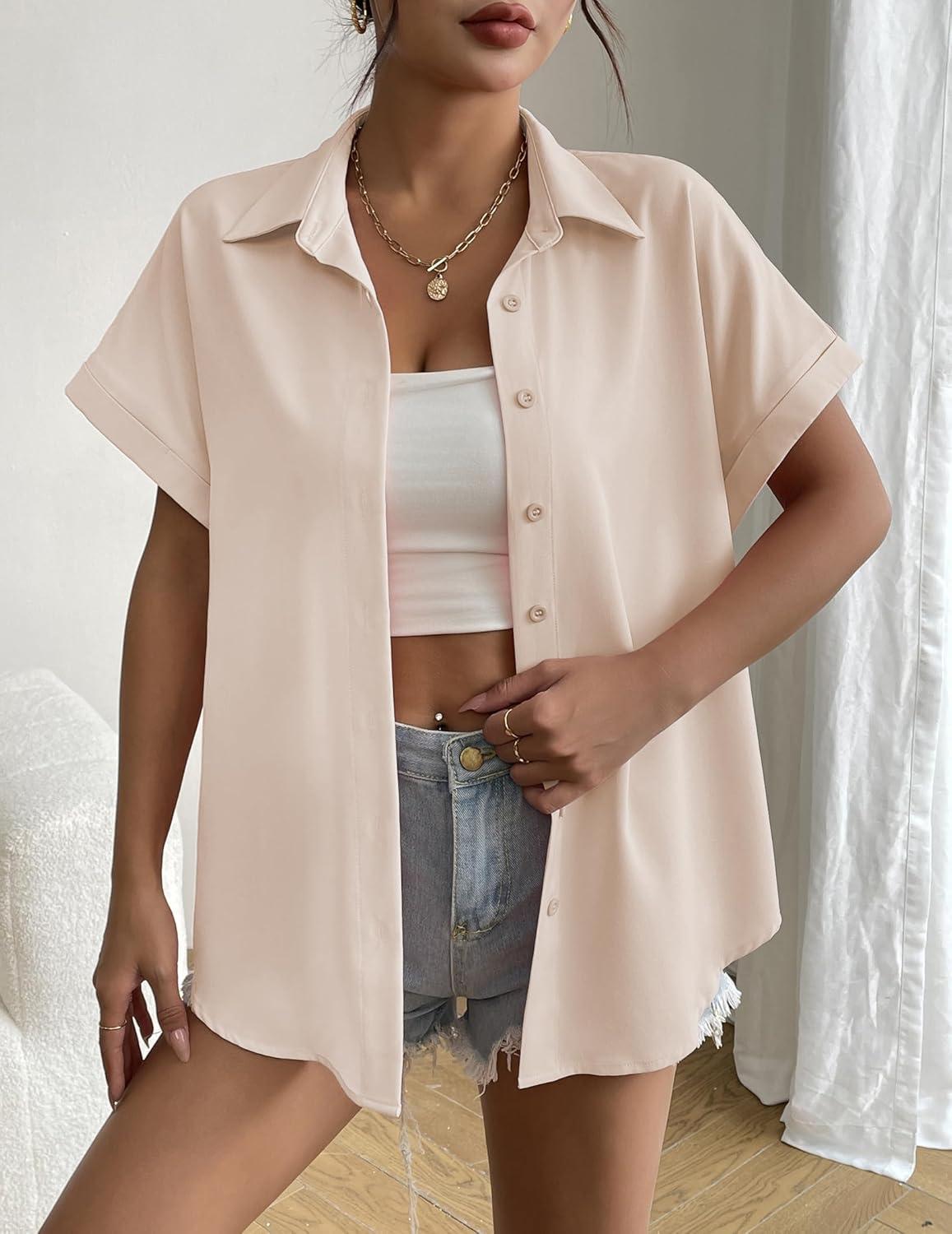 imageZeagoo Short Sleeve Summer Tops for Women Casual Button Down Shirts SolidStriped Business Work BlousesChampagne
